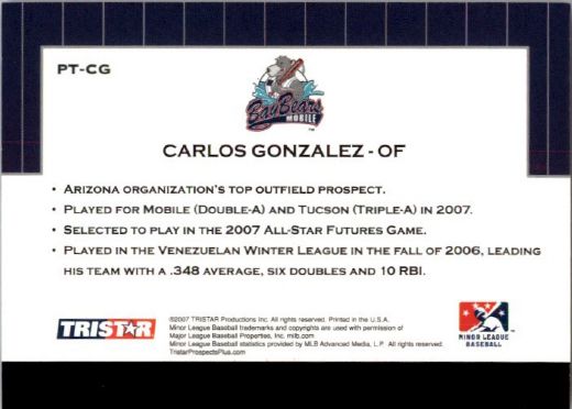 2007 * CARLOS GONZALEZ * TriStar Prospects Plus Rookie PROTENTIAL RC