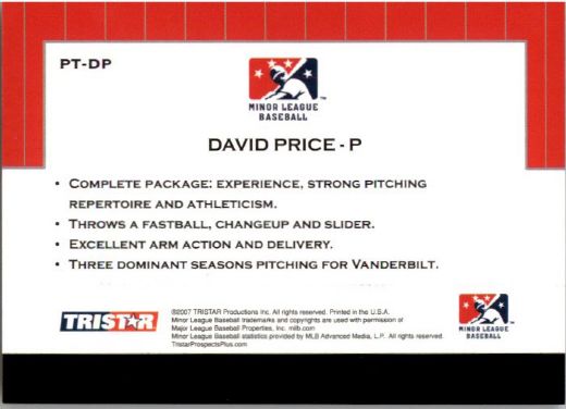 2007 * DAVID PRICE * TriStar Prospects Plus Rookie PROTENTIAL RC TIGERS