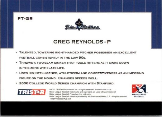 2007 GREG REYNOLDS TriStar Prospects Plus Rookie PROTENTIAL RC