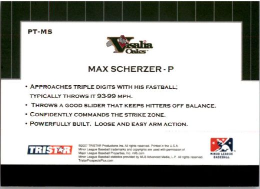 2007 * MAX SCHERZER * TriStar Prospects Plus Rookie PROTENTIAL RC TIGERS
