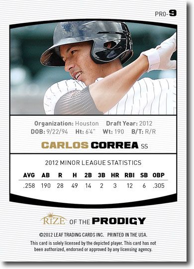 CARLOS CORREA 2012 Rize Rookie Inaugural Edition PRODIGY RC (QTY)