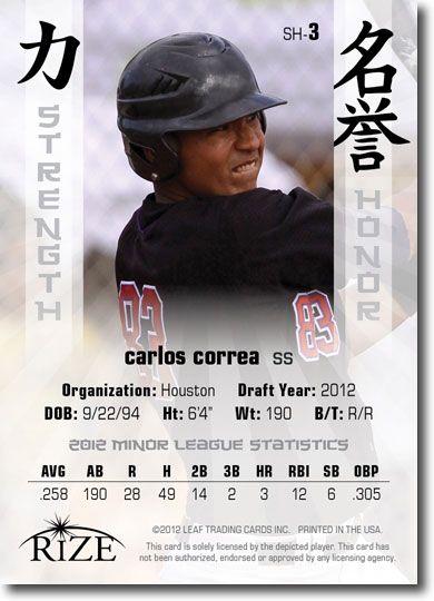 CARLOS CORREA 2012 Rize Rookie Inaugural Edition STRENGTH & HONOR RC (QTY)