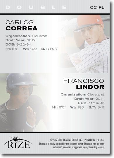 (50) 2012 Carlos CORREA * Francisco LINDOR Rize Draft Rookie Inaugural Edition
