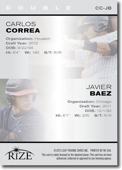 (100) 2012 Carlos CORREA * Javier BAEZ Rize Draft Rookie Inaugural Edition RCs
