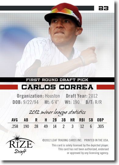 CARLOS CORREA 2012 Rize Rookie PINK Paragon RC #/200