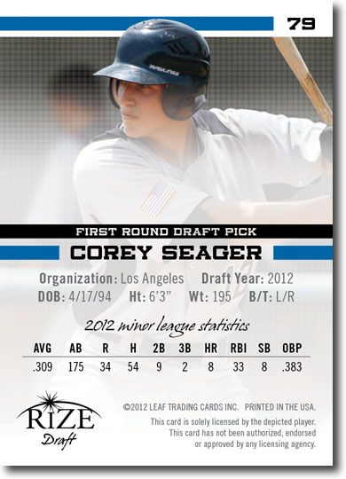 COREY SEAGER 2012 Rize Rookie Inaugural Edition PROOF RC #/100