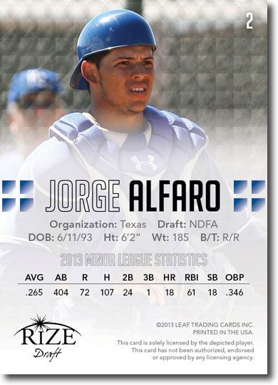 JORGE ALFARO 2013 Rize Draft Baseball Rookie Card RC
