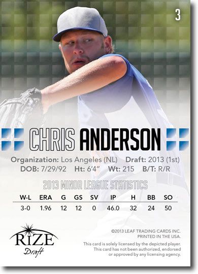 CHRIS ANDERSON 2013 Rize Draft Baseball Rookie Card RC