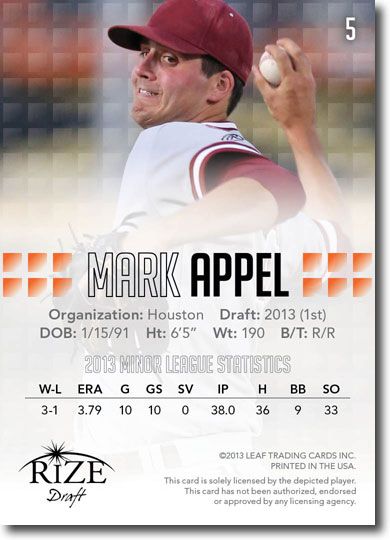 MARK APPEL 2013 Rize Draft Baseball Rookie Card RC