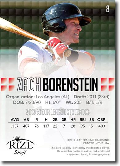 ZACH BORENSTEIN 2013 Rize Draft Baseball Rookie Card RC