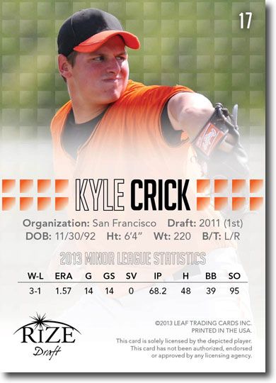KYLE CRICK 2013 Rize Draft Baseball Rookie Card RC