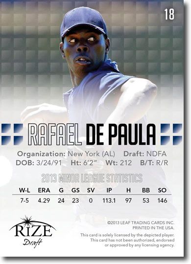 RAFAEL DE PAULA 2013 Rize Draft Baseball Rookie Card RC