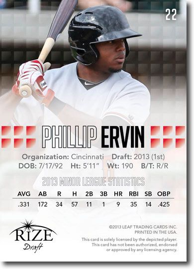 PHILLIP ERVIN 2013 Rize Draft Baseball Rookie Card RC