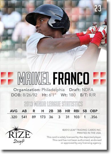 MAIKEL FRANCO 2013 Rize Draft Baseball Rookie Card RC