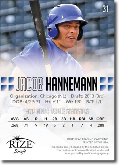 JACOB HANNEMANN 2013 Rize Draft Baseball Rookie Card RC