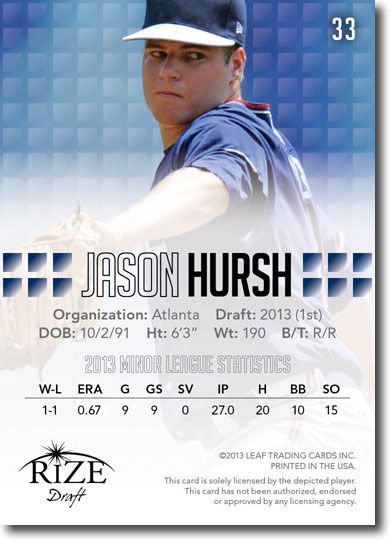 JASON HURSH 2013 Rize Draft Baseball Rookie Card RC