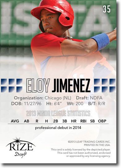 ELOY JIMENEZ 2013 Rize Draft Baseball Rookie Card RC