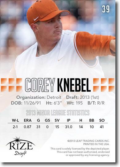 COREY KNEBEL 2013 Rize Draft Baseball Rookie Card RC
