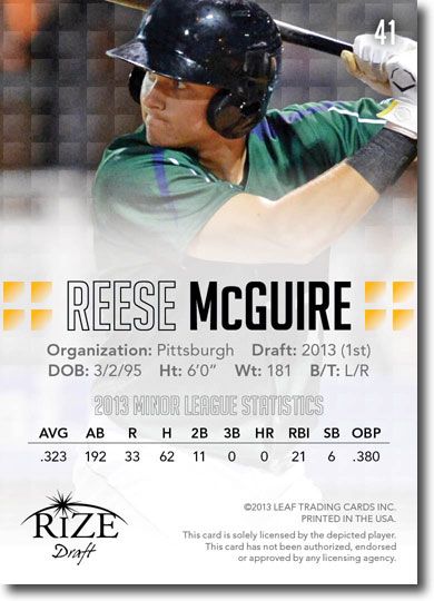 REESE MCGUIRE 2013 Rize Draft Baseball Rookie Card RC
