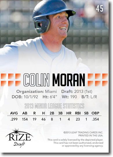 COLIN MORAN 2013 Rize Draft Baseball Rookie Card RC