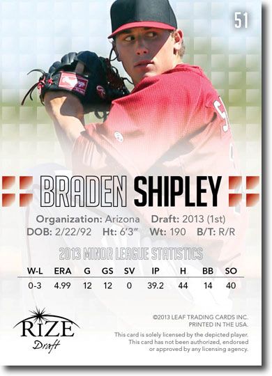 BRADEN SHIPLEY 2013 Rize Draft Baseball Rookie Card RC
