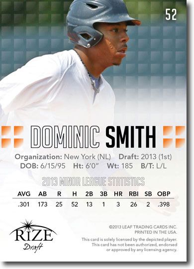 DOMINIC SMITH 2013 Rize Draft Baseball Rookie Card RC
