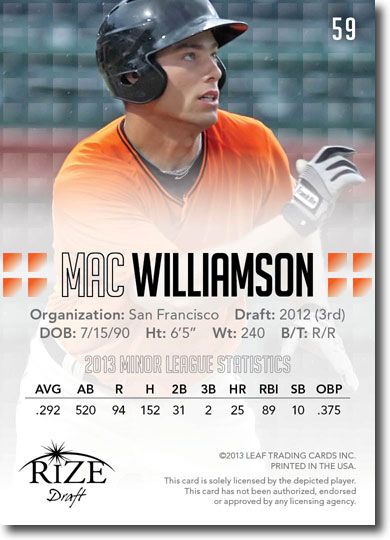 MAC WILLIAMSON 2013 Rize Draft Baseball Rookie Card RC