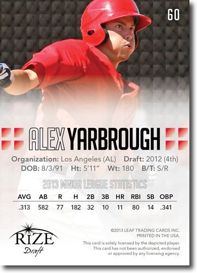 ALEX YARBROUGH 2013 Rize Draft Baseball Rookie Card RC