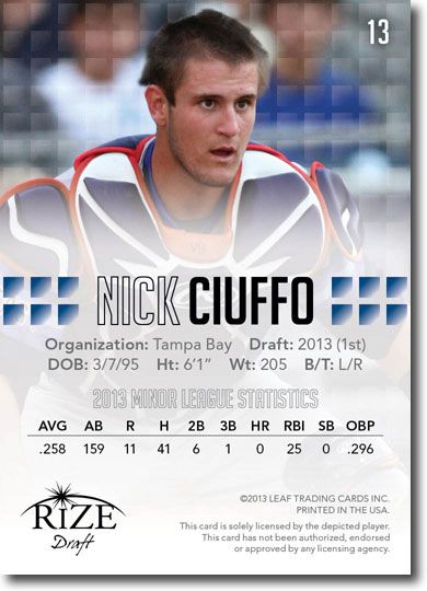 10-Ct Lot NICK CIUFFO 2013 Rize Baseball Rookies Draft RCs