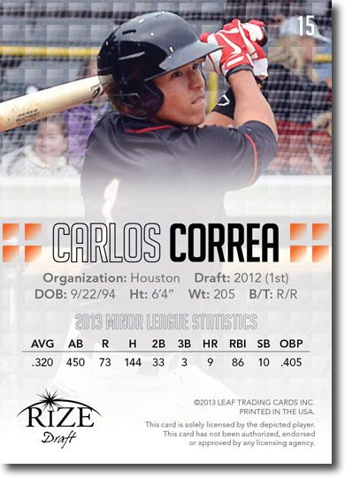 10-Ct Lot CARLOS CORREA 2013 Rize Baseball Rookies Draft RCs