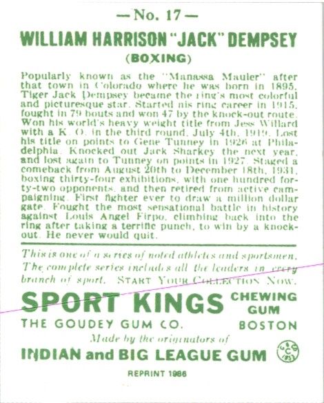 (10) JACK DEMPSEY 1933 Goudey Sport Kings Gum Boxing Card #17 Reprints