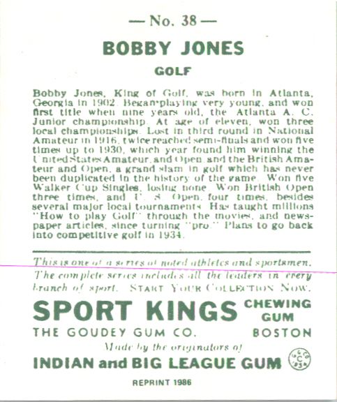 (10) BOBBY JONES 1933 Goudey Sport Kings Gum Golf Card #38 Reprints