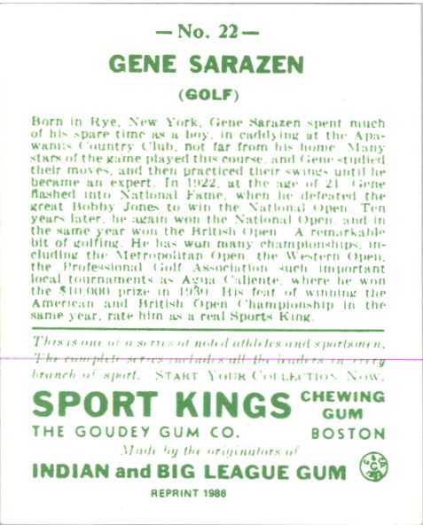 (10) GENE SARAZEN 1933 Goudey Sport Kings Gum Golf Card #22 Reprints