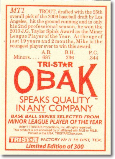 MIKE TROUT 2011 Tristar Obak Rookie Limited Edition MT1 SP Insert ANGELS #/300