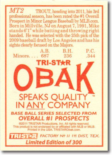 MIKE TROUT 2011 Tristar Obak Rookie Limited Edition MT2 SP Insert ANGELS #/300