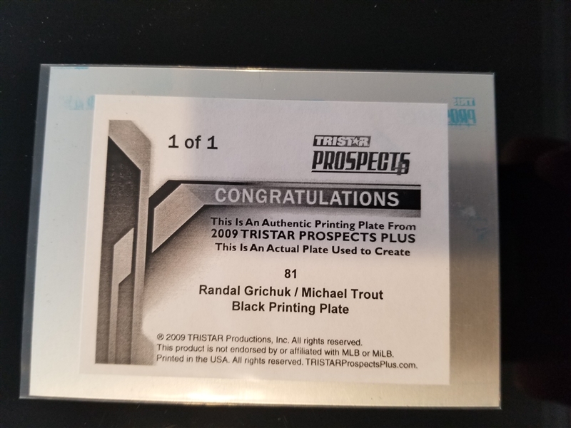 * MIKE TROUT * & Randal Grichuk 2009 TriStar Rookie Printing Press Plate RC 1/1
