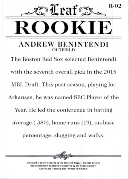 ANDREW BENINTENDI 2016 Leaf Rookies Exclusive WHITE Rookie Card