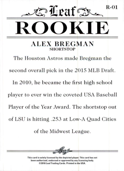 5-Ct Lot ALEX BREGMAN 2016 Leaf Rookies Exclusive WHITE Rookie Cards