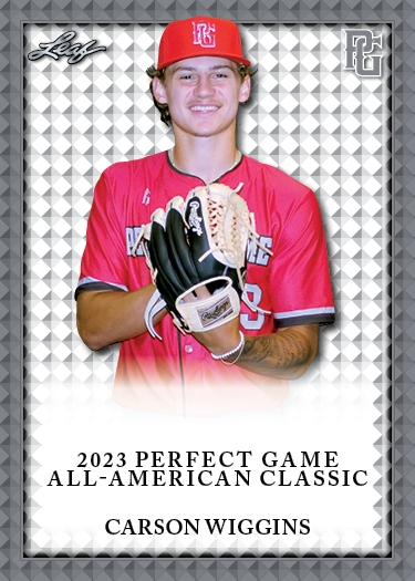 Carson Wiggins 2023 Leaf Perfect Game Nike AA Classic Aflac Game Day Rookie